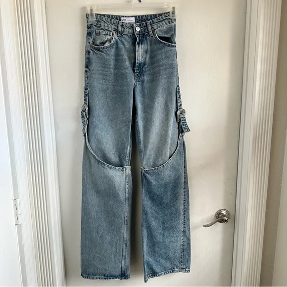 ZARA Rare Utility Cargo Jeans | Wide-Leg w/ Strap & Ring Details Size 2 - Picture 2 of 14